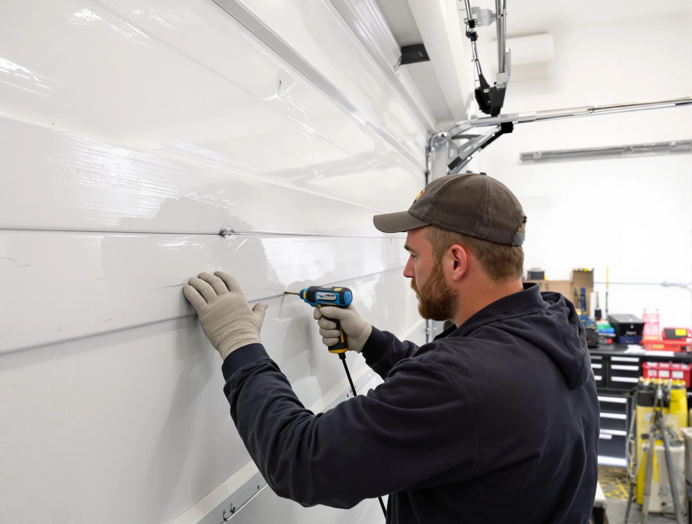 Spring Hill Garage Door Repair technician demonstrating precision dent removal techniques on a Spring Hill garage door